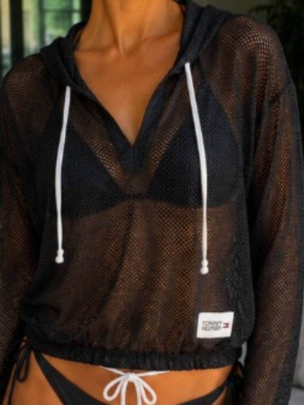 Tommy Hilfiger Black Mesh Hooded Swim Cover Up or Top Large